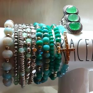 Cross. 7 set Greenish/Blue beaded Bracelets and Ring.